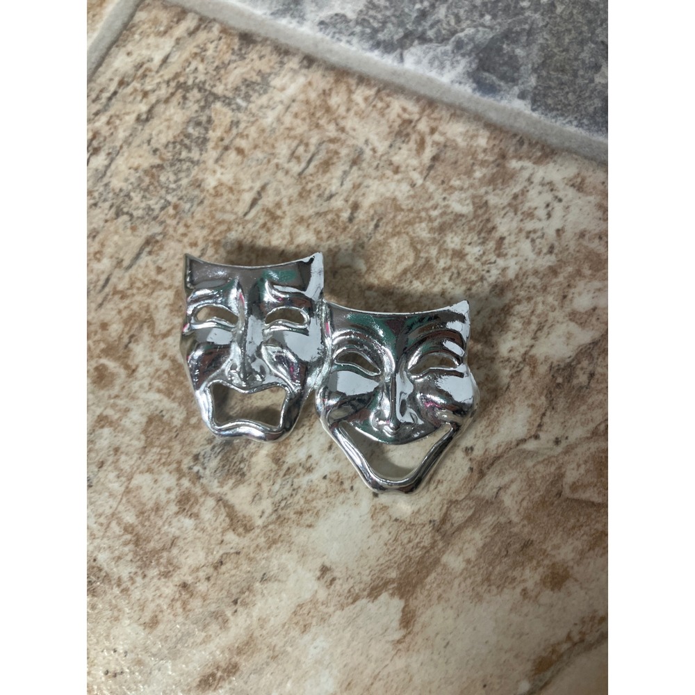 Silver Tone Theater Masks Brooch Pin Comedy Tragedy‎ Vintage Accessory